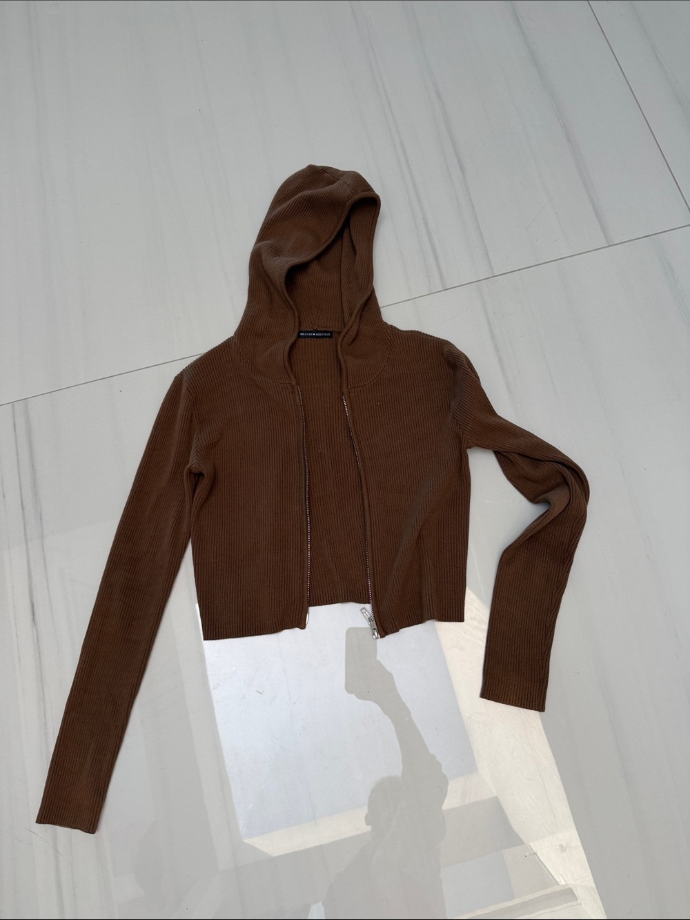 Brandy Melville Taupe Ribbed Hooded Zip Cardigan
